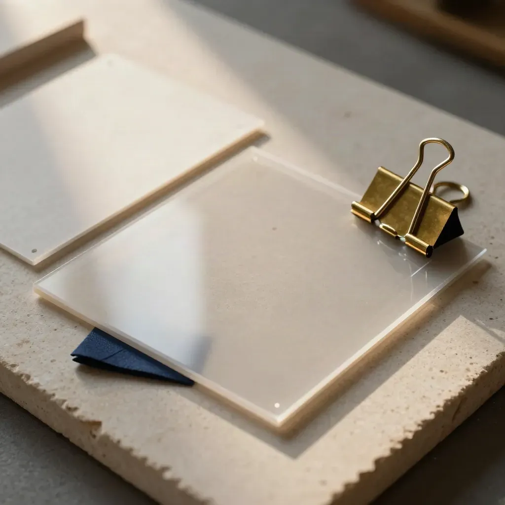 Top-down strategy audit materials on pale stone with acetate sheets, brass clip and navy accent.