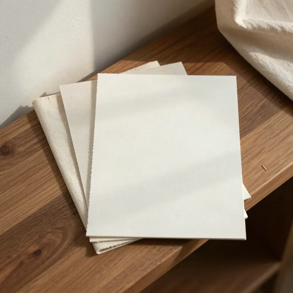 Off-white swatches, linen sample and copper chip arranged on a sunlit walnut ledge.