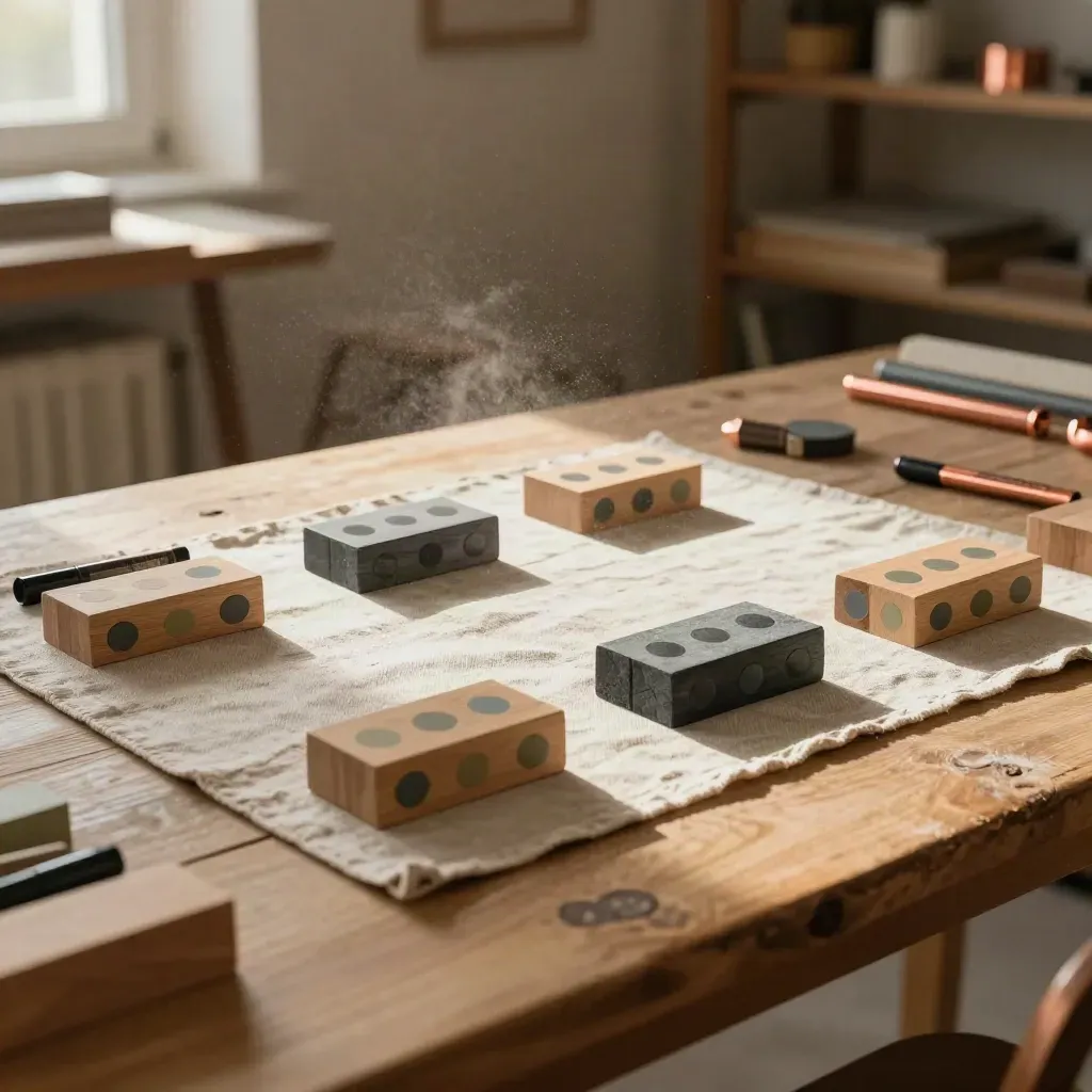 Workshop facilitation table with wooden blocks, coloured dots and markers in warm haze.
