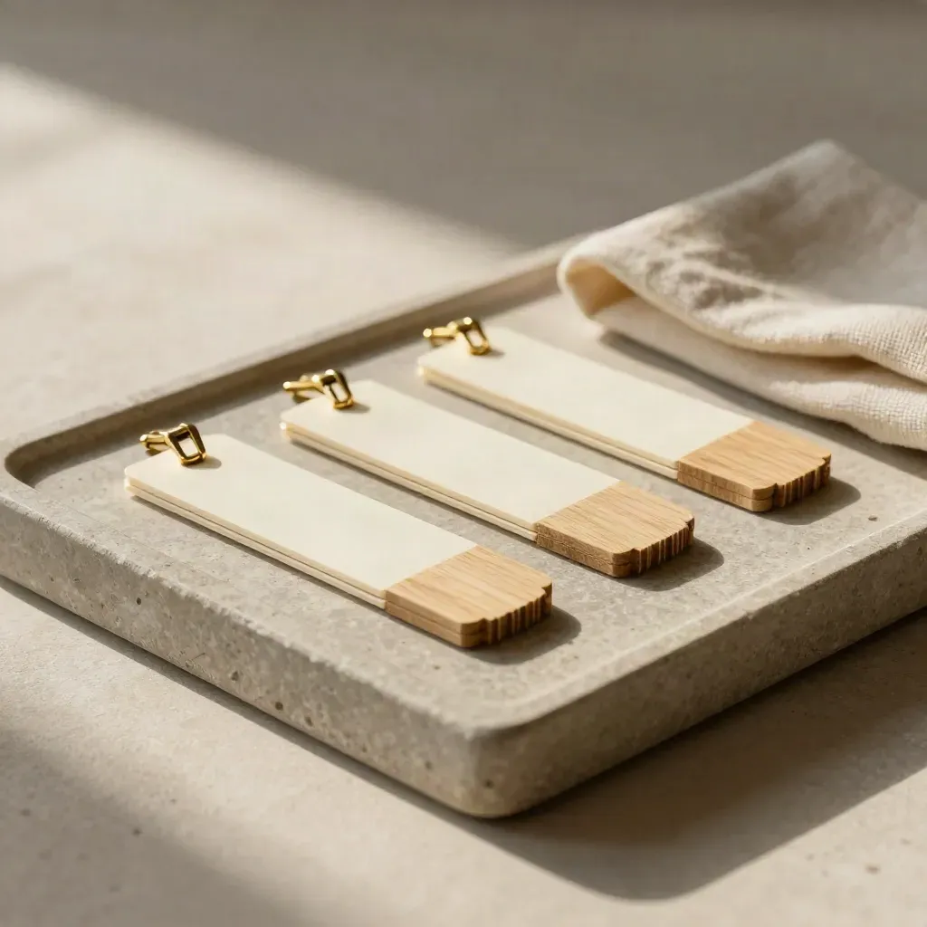 Stone tray with ivory date tabs, oak tokens and brass clasp on linen in soft light.