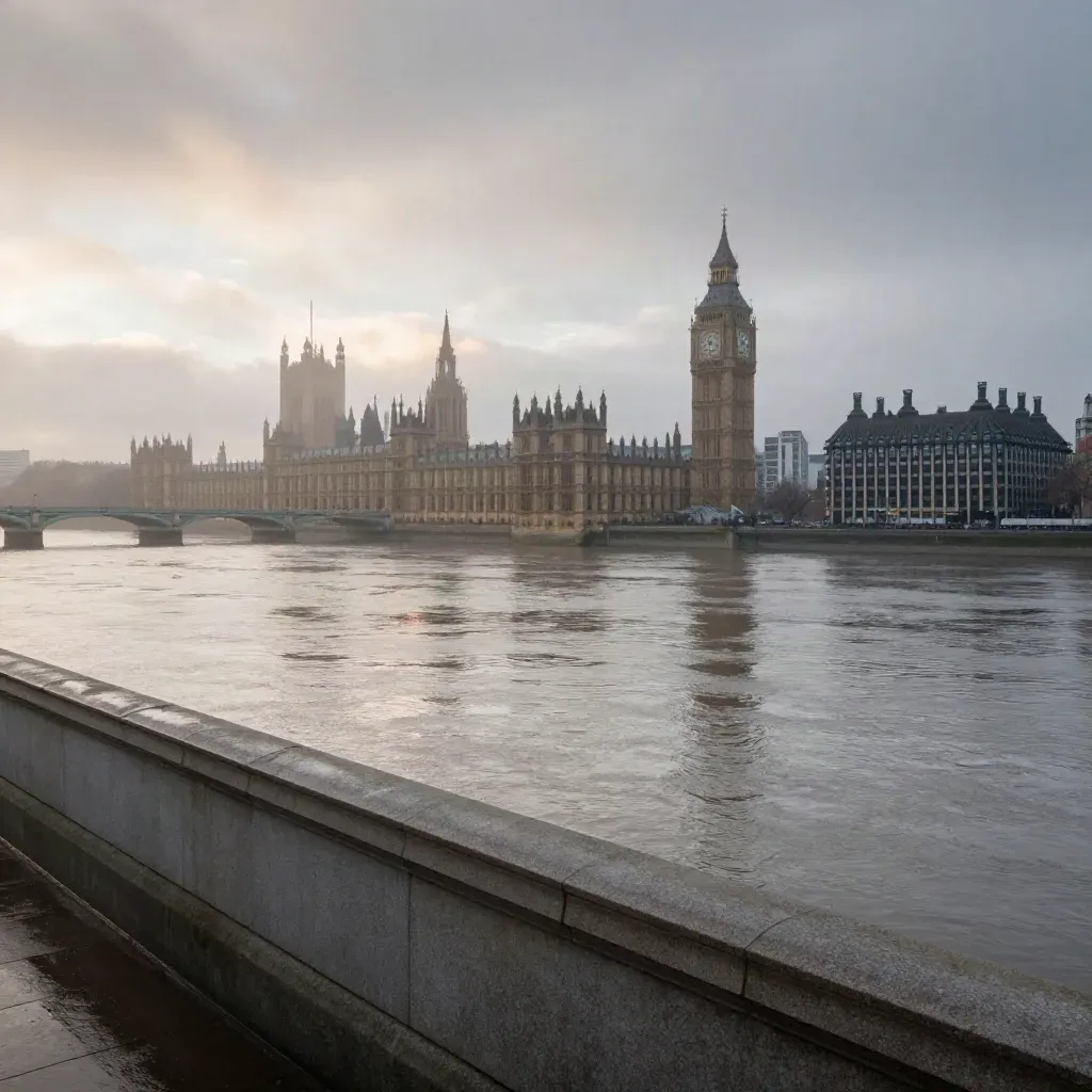 Westminster and the Thames in dawn mist with calm open water below